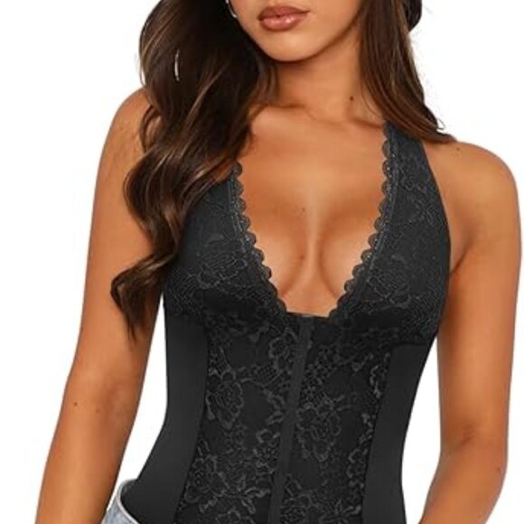 Lace Halter Deep V Neck Sleeveless Backless Corset Body Suit - Picture 1 of 4